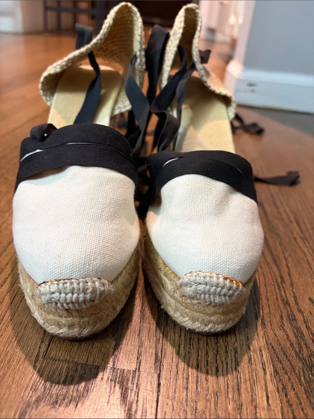 Castaner size 7 Cream Canvas Espadrille Wedges with Black Ribbon Ties